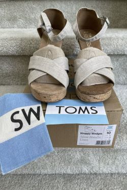 New Women Toms Strappy Wedges Silver Metallic Linen Size 10 Free Gift