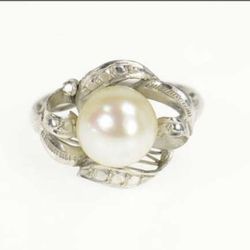 10K White Gold 1940's Ornate Classic Pearl Twist Cocktail Ring
