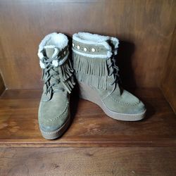 Sam Edelman Kemper Shearling Lined Fringe Brownish Green Wedge Boots Womens 8.5