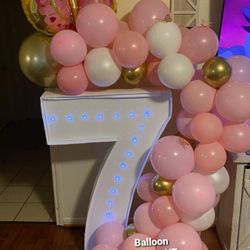 Pink And White Balloon Garland And Marquee Number
