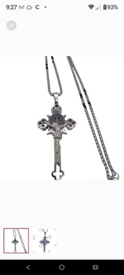 St. Benedict Jesus Crucifix Titanium Chain Pendant Silver Tone