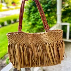Italian Made Handbag - Falor Firenze F1261 Leather Woven Large Tote with Fringe
