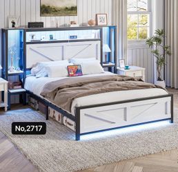 Full Size Rustic Bed Frame with Storage Born Door Headboard and Bedside Storage, Industrial Farmhouse Metal Platform Bed Frame with Charging Station a