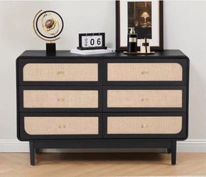Modern Black 6-Drawer Dresser with Rattan Drawers