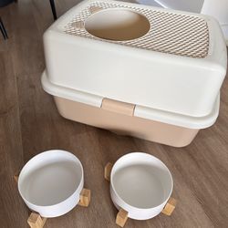 Litter Box And Ceramic Food & Water Bowls