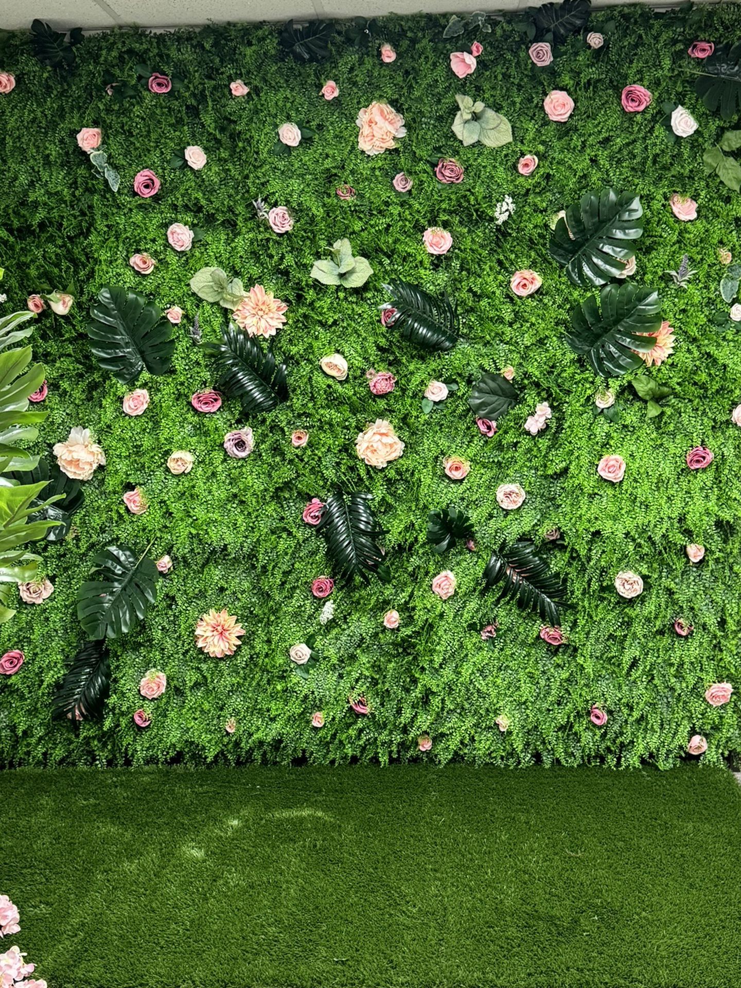 Artificial Flower Wall backdrop + Artificial grass turf (Read description for detail)