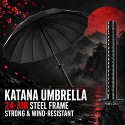 [NEW] Katana Umbrella – Samurai Sword Handle, 24-Rib, 43" Windproof