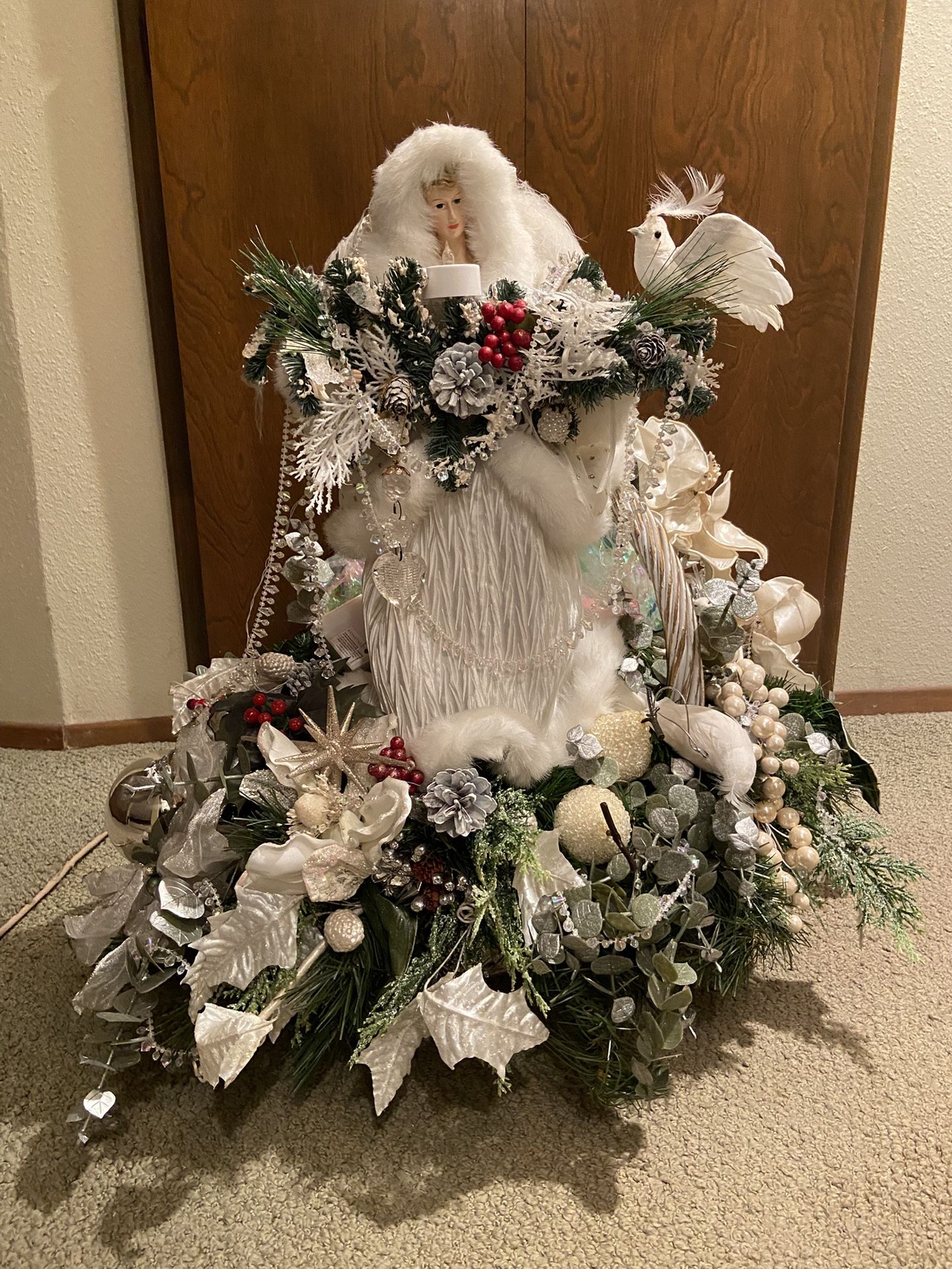 Christmas Snow Queen Porcelain Doll with Adornments in Basket.