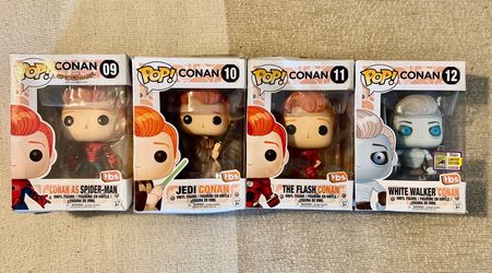 Complete set of 4 Funko Pop Conan O'Brien vinyl figures: Conan as Spider-Man (#09), Jedi Conan (#10), The Flash Conan (#11), and White Walker Conan (#