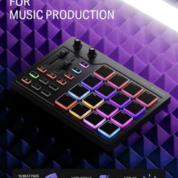 Donner Máquina profesional MIDI Pad Beat Maker, máquina de batería con 16 almohadillas de ritmo, 2 desvanecedores y perillas asignables y software de 