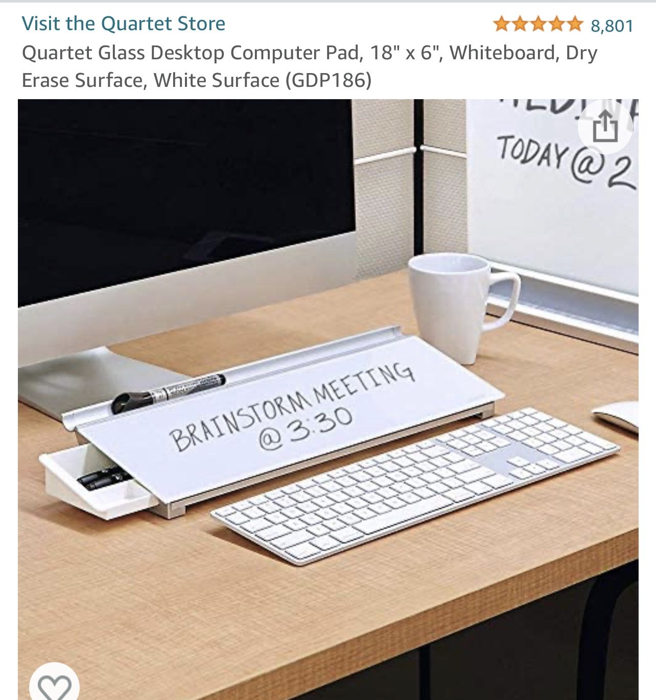 Quartet Glass Desktop Computer Pad, 18" x 6", Whiteboard, Dry Erase Surface, White Surface (GDP186)