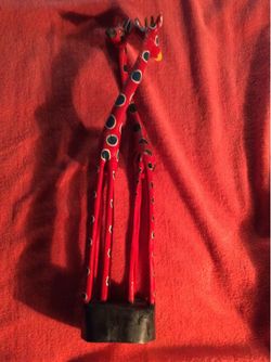 TWO LARGE ENTWINED GIRAFFES RED BLUE ELONGATED LEGS 18" TALL