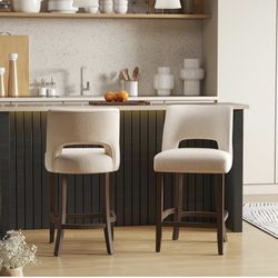 Two Bar Stools, Bar Stools  Counter Height Upholstery, Modern Stools with Wooden Legs for Kitchen Island, Dining Room,  Bar, Beige color
