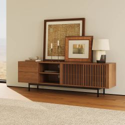 POVISON - 71" Mid-Century Modern Walnut TV Stand w/ 2-Drawers / Open Shelf Storage / Storage Cabinets [NEW] **Retails for $1379   <NO ASSEMBLY REQ>