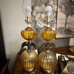 Antique Lamps With Brass Eagles And Amber Balls. 32 Inches Tall