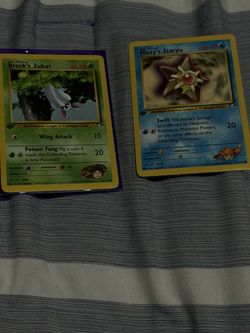 Brock’s zubat and Misty’s staryu 1st edition trainer cards
