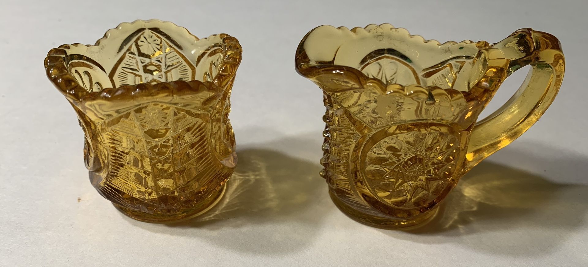 Vintage Mini 2” Hobstar Amber Glass Cream And Sugar