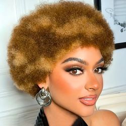 Short Afro Wig Brown & Blonde Mix Fluffy Curly with Bangs, 150% Density Cap