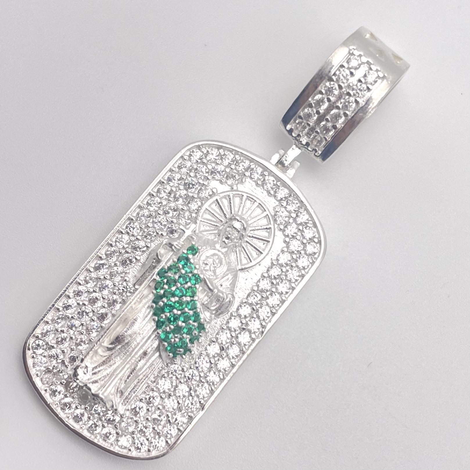925 Sterling Silver St Jude Iced Pendant – Green & Clear CZ, Religious Charm