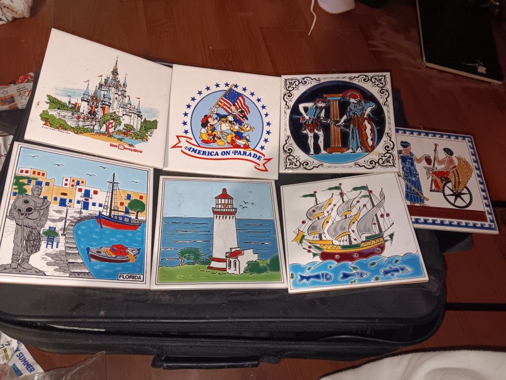 🏺🌍 Vintage Travel & Cultural Ceramic Tile Collection – Greece, Disney, Florida, Nautical – Lot of