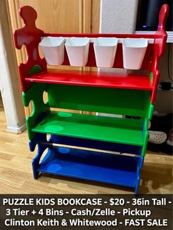 Kids Puzzle Bookcase - $20 - 36in Tall - 3 Tier + 4 Bins - FAST SALE
