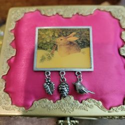 Marjolein Bastin Signed Vintage Square Pewter Metal Brooch Pin 1999 Dangly Leaf, Acorn,  Bird Nature Rabbit 1.25"×1.75" F8