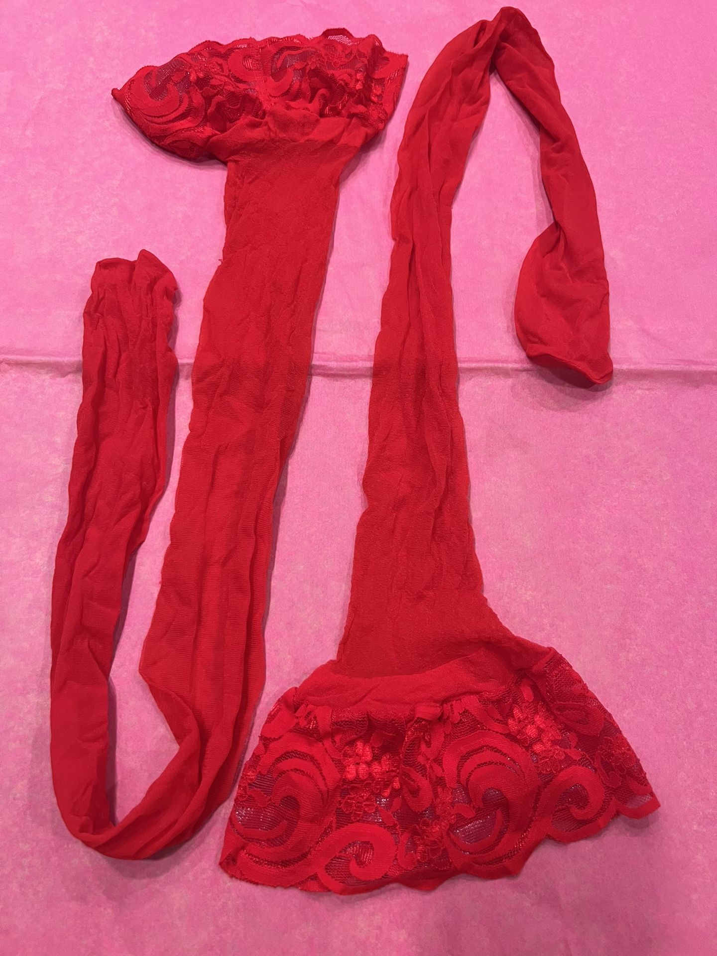 Red Sheer Thigh Highs Lace Top