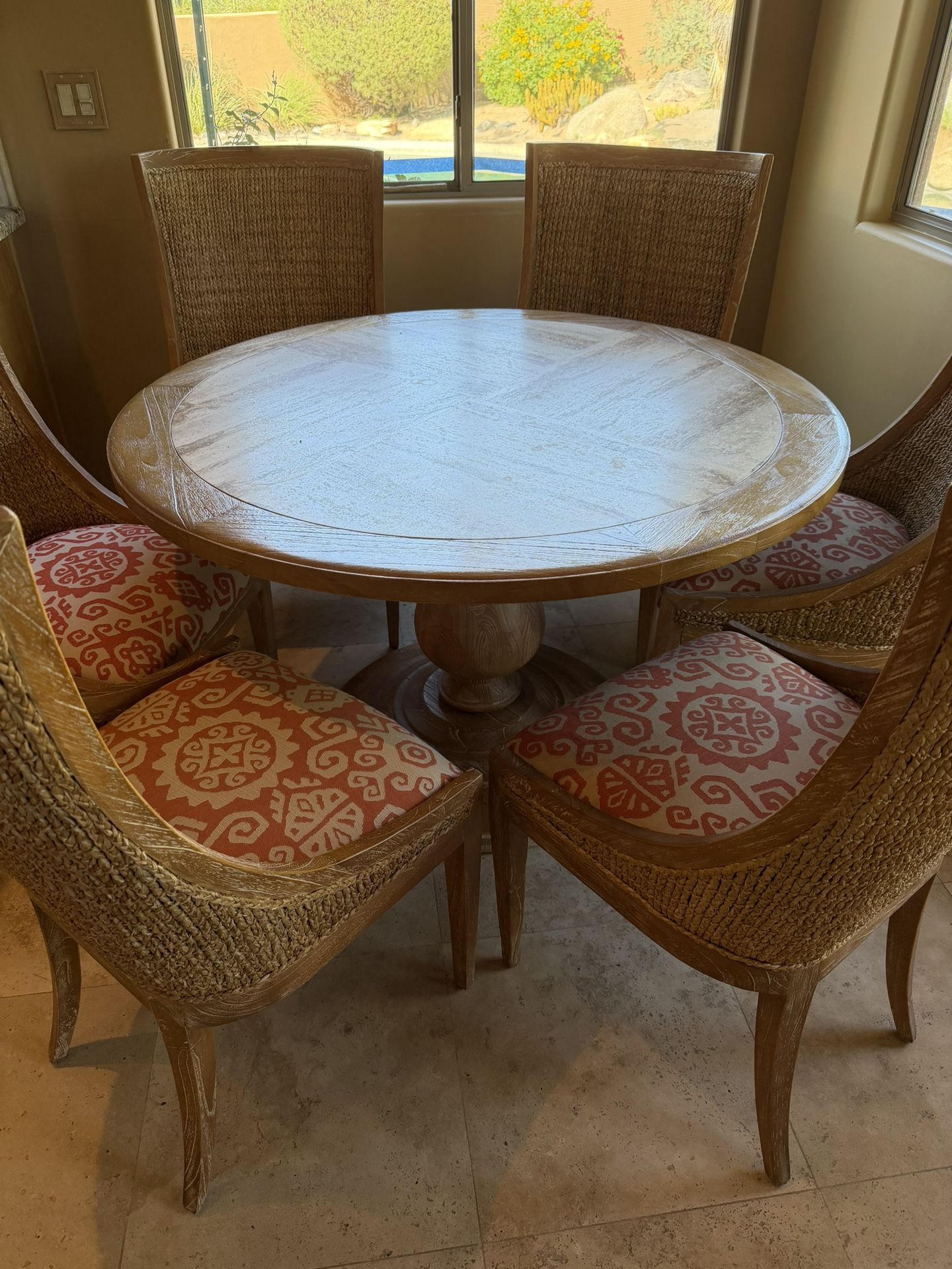 Artistica Solid Wood Round Dining Table with 6 Woven Chairs – Coastal Elegance