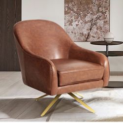 Modern Swivel Accent Chair for Living Room, Barrel Leather Big Oversized Swivel Chair with Metal Legs, Upholstered Swivel Chairs Vanity Chair No Wheel