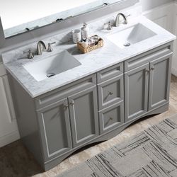 60”grey double sink bathroom vanity with carrara white marble stone top