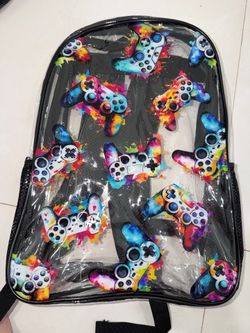 Multicolor Clear Backpack with Game Controller Pattern, Adjustable Straps, Kids