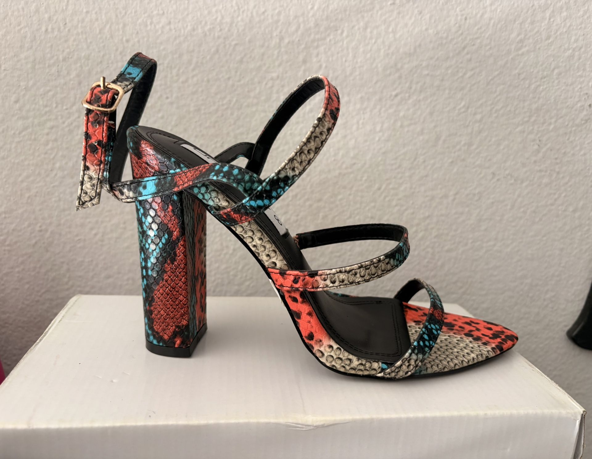 Bold Multi Snake Print Block Heels – Statement Sandals
