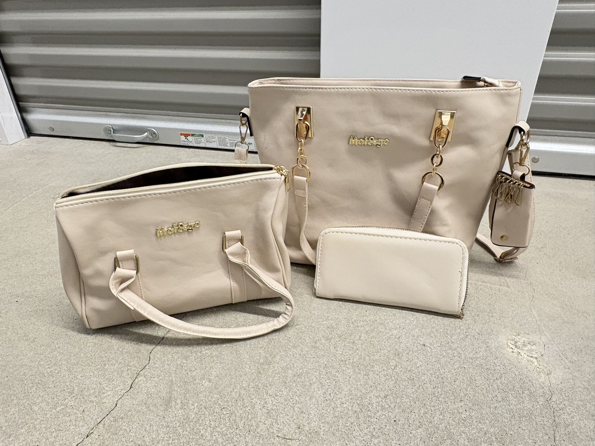 Cream Leather Bag , Purse And Wristlet