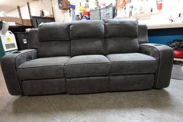 Matteus Fabric Power Reclining Sofa Couch w/ Drop Down Table – Gray