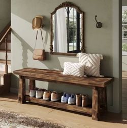 LD0096 55" Solid Wood Entryway Bench with Shoe Storage, Rustic Charred Wood Grain Foyer Bench with Open Shelf for Hallway, Brown