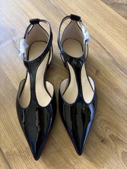 Black Pointed-Toe Patent T-Strap Slingback Heels - Size 37 - New