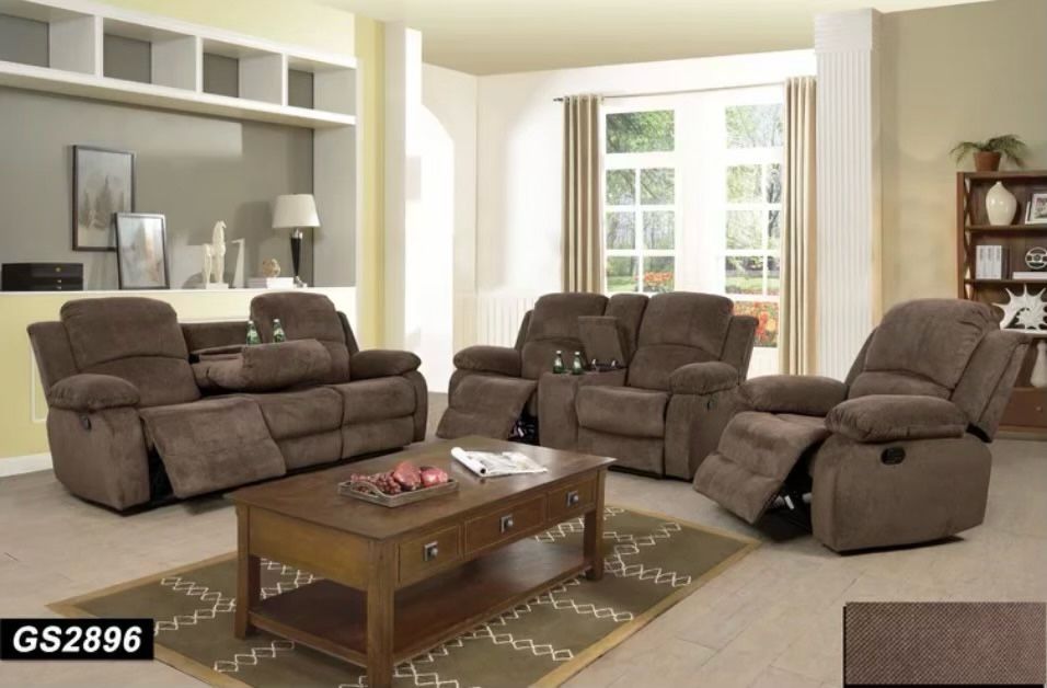 Brown Chenille Microfiber Fully Reclining Three Piece Couch Set