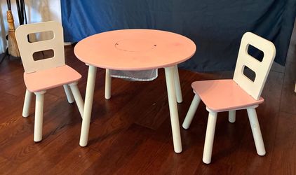 KidKraft Wooden Kids Round Storage Table & 2 Chair Set, Pink & White,