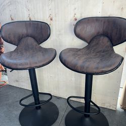 Bar Stool Chair Set Brown Faux Suede/Leather Adjustable Height (2 Stools)