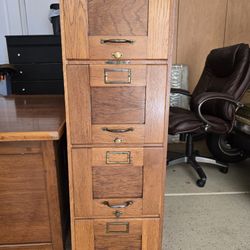 ANTIQUE DESK, OAK FILE CABINET ALSO EXECUTIVE CHAIR, CURIO CABINET, CLOCK,BOOK CASE