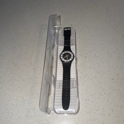 Swatch Silver Glam Skeleton Dial Black Silicone Watch