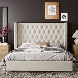 New -King Bed Frame Upholstered Bed Wingback Headboard Velvet Tufted Diamond Button/No Box Spring Needed/Easy Assembly/Cream