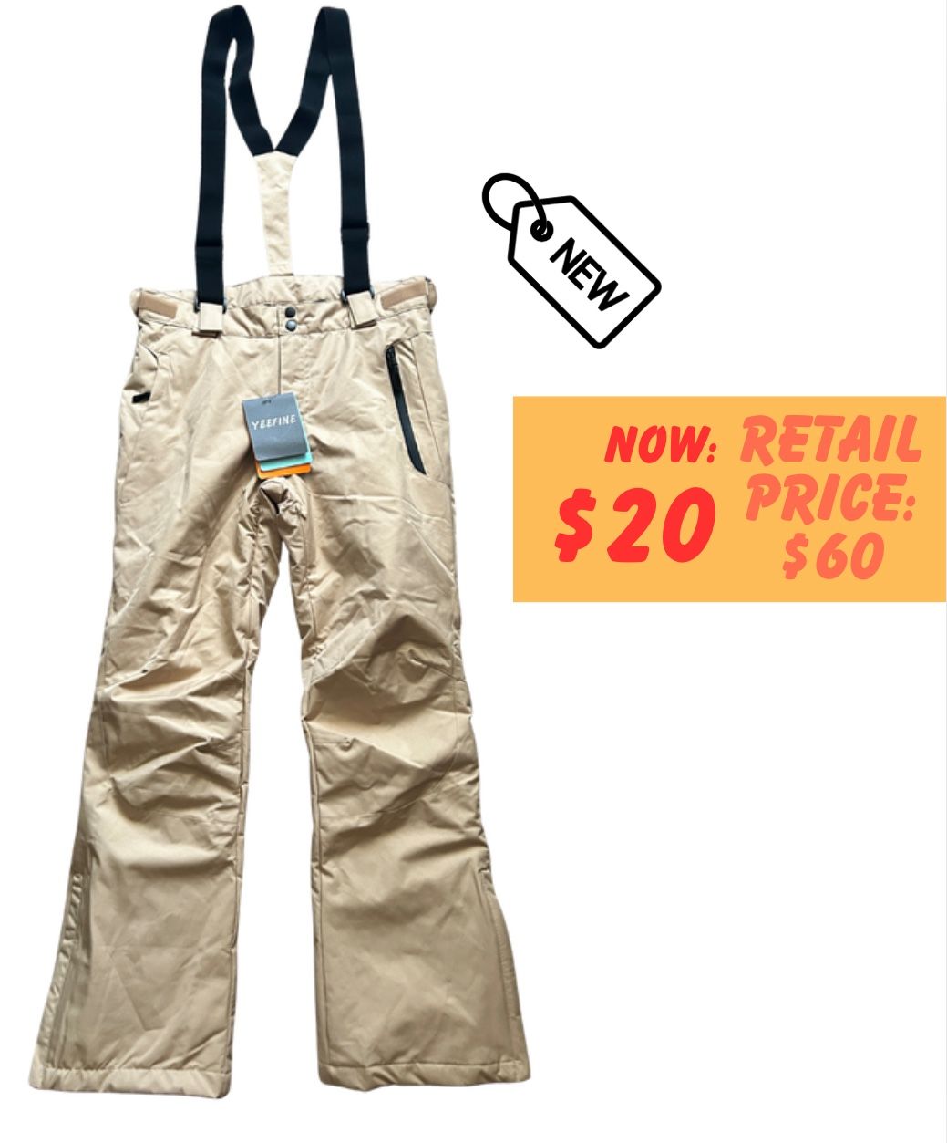 NWT YEEFINE Men's Waterproof Snow Ski Pants Insulated Warm Winter Outdoor Snowboard Bibs with Suspenders Khaki S