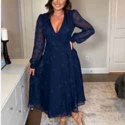 Jasambac Evening of Elegance Navy Blue Floral Jacquard Wrap Midi Dress Womens