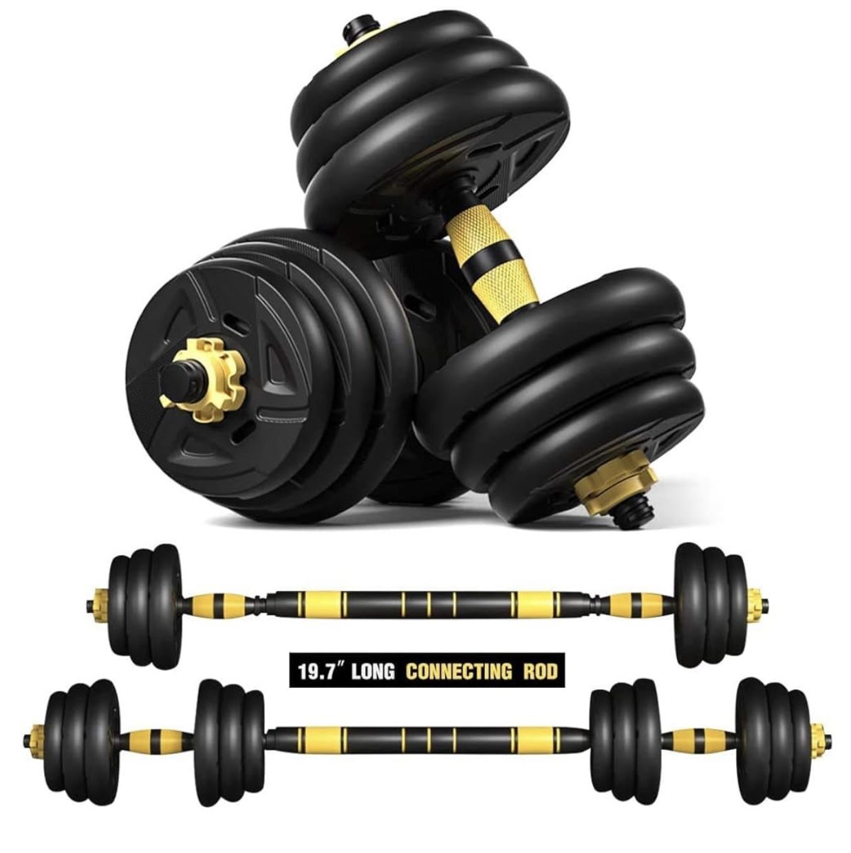4 in 1 Adjustable Dumbbell Barbell Kettlebell Set, 44/88 LBS Free Weights Set with 15.7'' Straight Bar and 22.8'' Curl Bar, Whole Body Workout(1 Pair/