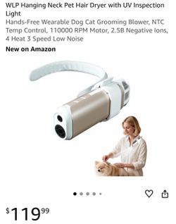 WLP Hanging Neck Pet Hair Dryer with UV Inspection Light Hands-Free Wearable Dog Cat Grooming Blower, NTC Temp Control, 110000 RPM Motor, 2.5B Negativ