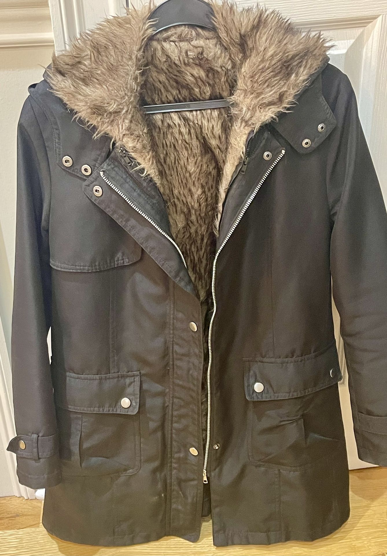 WOMENS BLACK SIZE 4 KHAKI FAUX FUR HOOD UTILITY JACKET 4