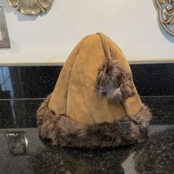 Tan Leather And Brown Fur Outdoor Winter Hat One Size