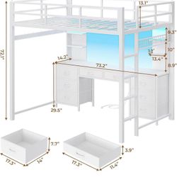 🥨Full Size Loft Bed with Desk, Full Metal Loft Bed with 8 Drawers Storage & Charging Station & LED Lights, 4 Open Storage Shelves, Noise-Free