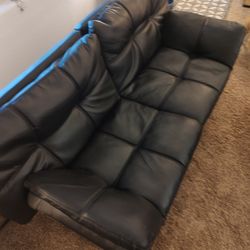 Black Leather Fold Down Flat Couch Futon